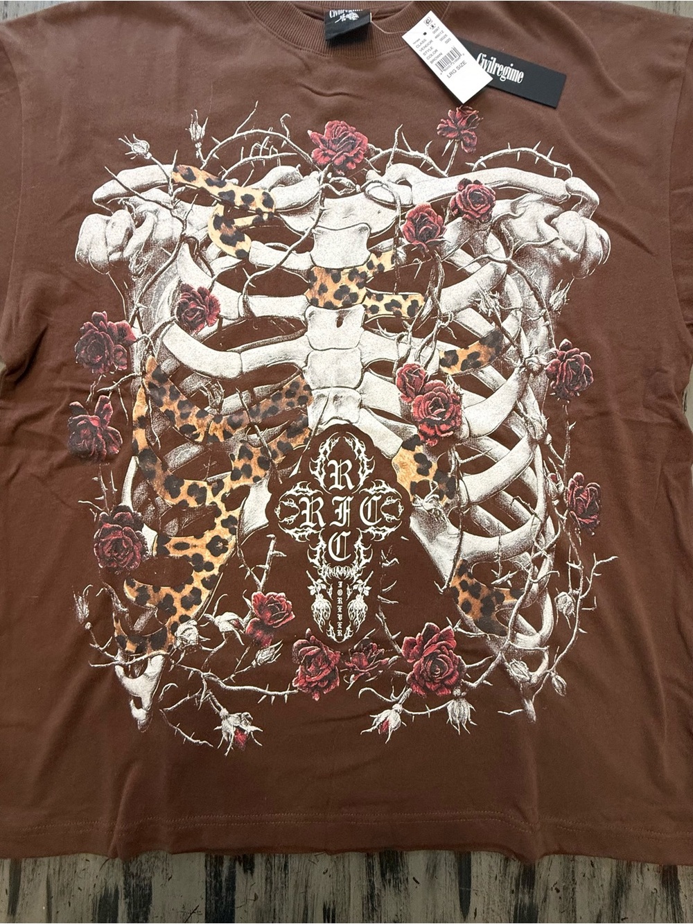 Civil Regime Men's Brown Graphic Ribcage Skeleton & Rose Tee NWT Size Large - Picture 2 of 8